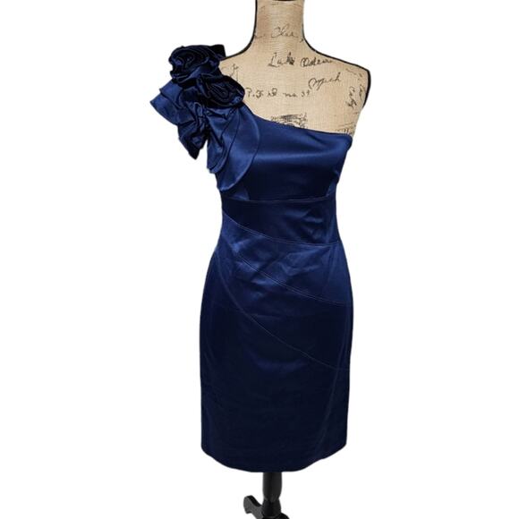 JESSICA SIMPSON $169 NAVY BLUE SATIN ONE SHOULDER COCKTAIL Party DRESS SZ 2 XS - Picture 1 of 8